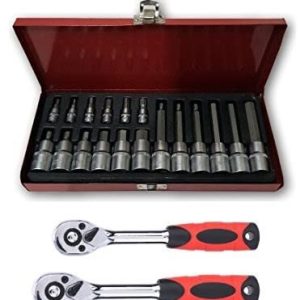 KROST Metal Allen Socket Set, Hex Bit with 1/4 and 1/2 Inch Ratchet Handle (Red, 18 Piece)