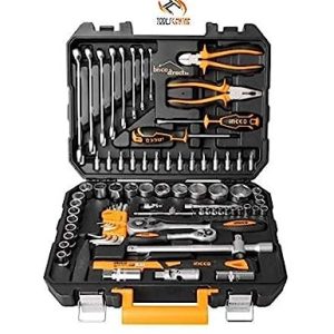 Ingco 77 Pieces Garage Tools Combination Spanner Complete Automobile Kit (Orange, Medium)