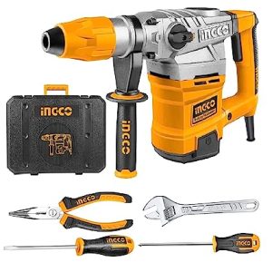 INGCO 1600W Heavy Duty Rotary Hammer Drill, SDS MAX Chuck System,3850bpm | 9J with Chisel-locking System, Anti-vibration System Includes,2 Drills,2 Chisels, 4 hand tools, With Tool case
