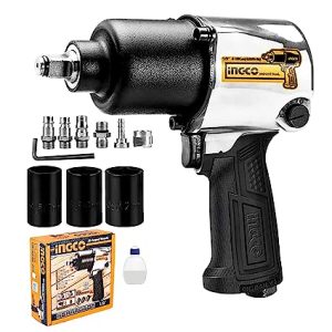 INGCO AIW12562 Air Impact Wrench 610 Nm High Torque Twin Hammer Mechanism 3 pcs Impact Sockets 7000 RPM Grip Handle for Home Improvement & Industrial Use