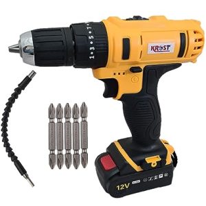 KROST Cordless Hammer Drill/Screwdriver,12V Dual Speed Keyless Chuck with 2 Batteries, LED Torch Variable Speed and Torque Setting (25+1). (Cordless 12v Drill Machine + Accessories.)