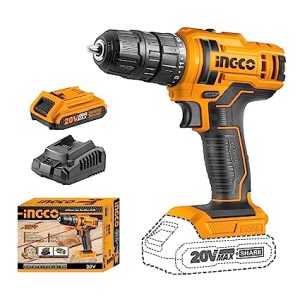 INGCO 20V Cordless Drill, 15+1 0.8-10mm 45NM 2-speed Gear, 0-400/0-1500/rpm Electric Drill Machine, Drill Machine Kit 1pcs Lithium-ion 1.5Ah Battery,1 Fast Charger, 1pcs Cr-V 65mm bit