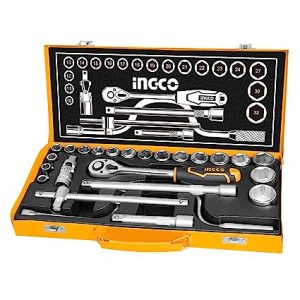 Ingco 24Pcs 1/2" Socket Set, 18pcs 1/2" CRV DR. Sockets, Extension Bar, Universal Joint, Sliding T Bar, Speeder Handle, Quick Ratchet Handle, Hand Tools Set with Metal Box