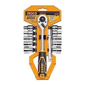 Ingco 12Pcs 1/2″ Socket Set, Quick Release Ratchet Wrench Tool Set, CrV steel Micro Finished and Chromed Plated